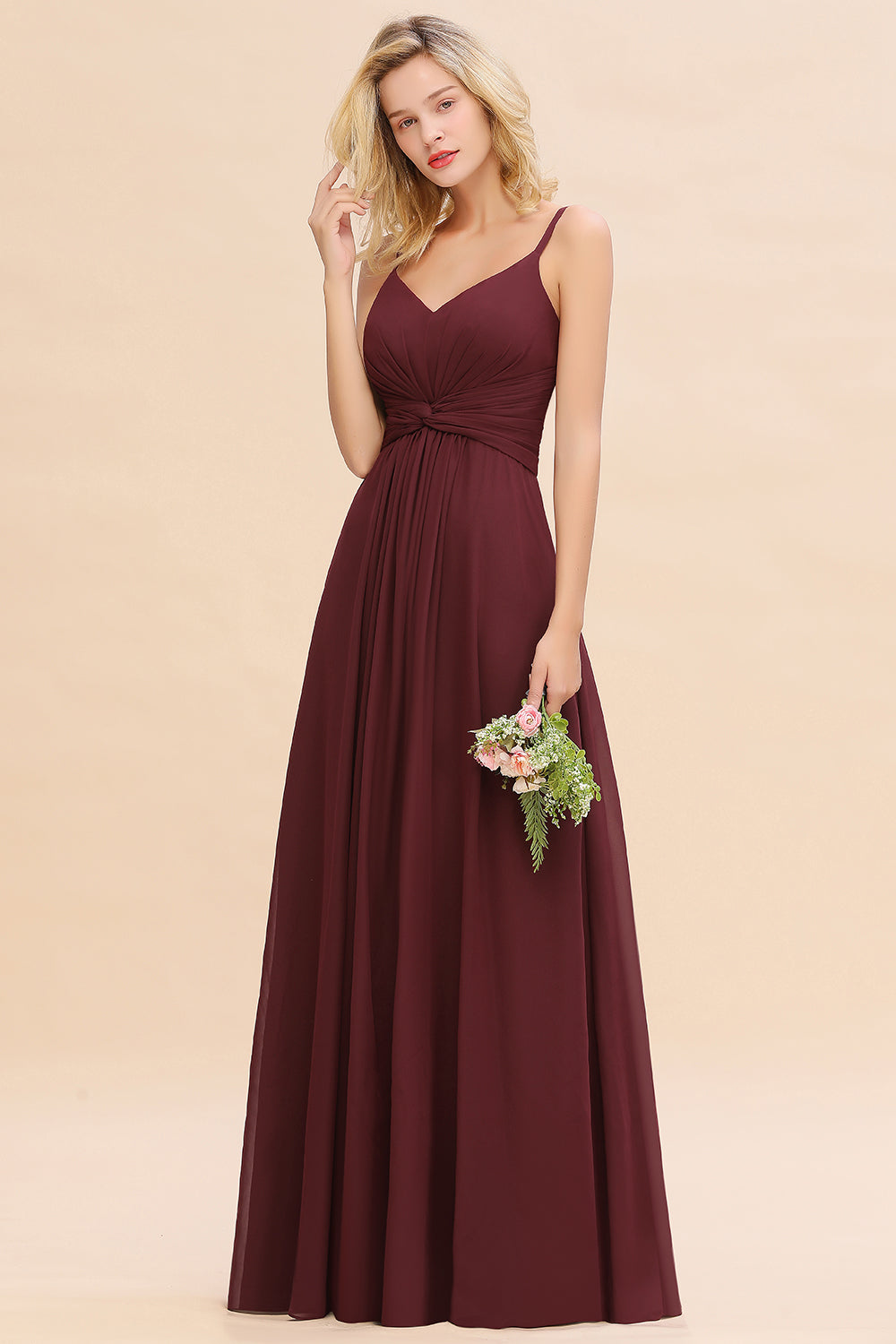 Modest Ruffle Spaghetti Straps Backless Burgundy Bridesmaid dresses Affordable