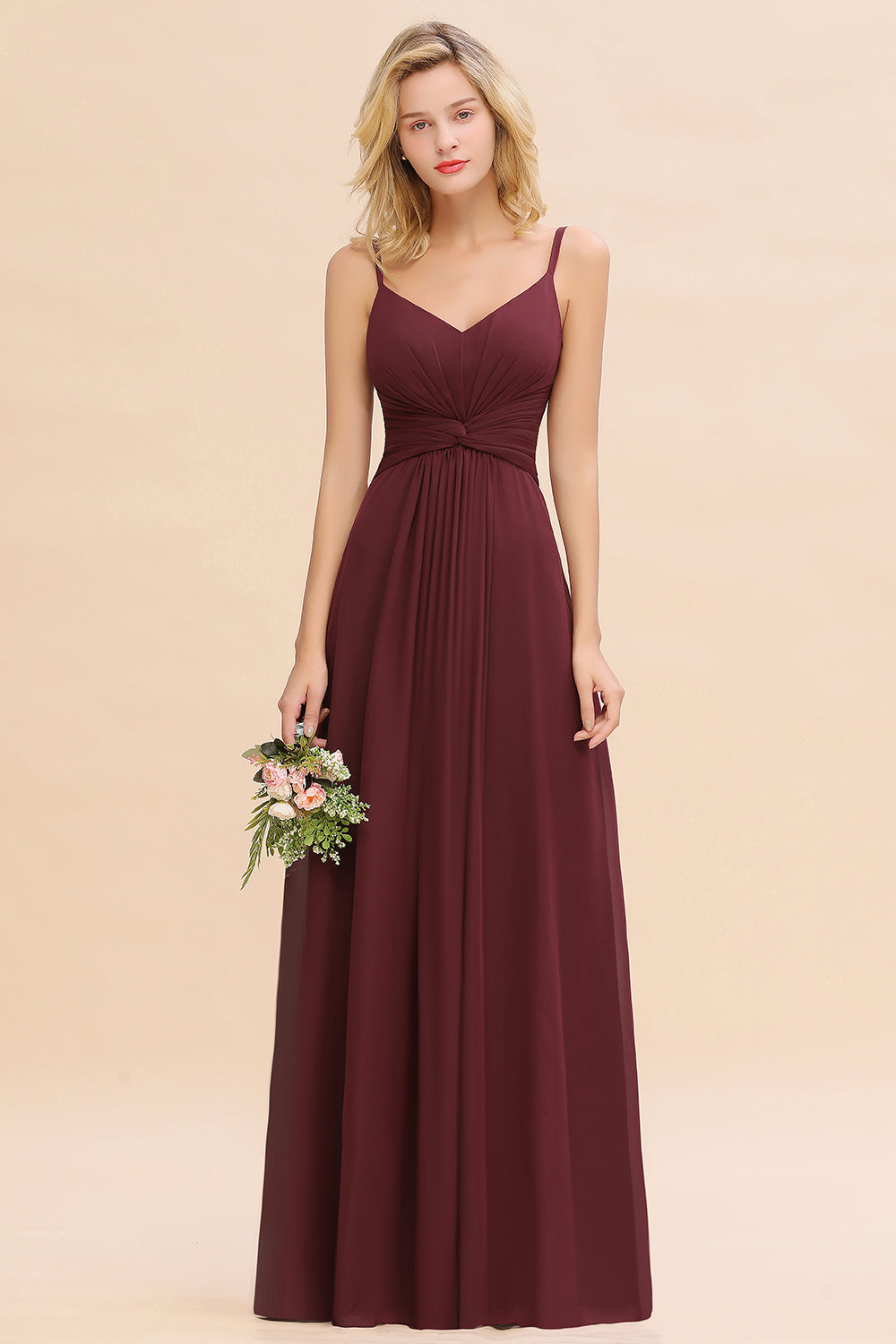 Modest Ruffle Spaghetti Straps Backless Burgundy Bridesmaid dresses Affordable