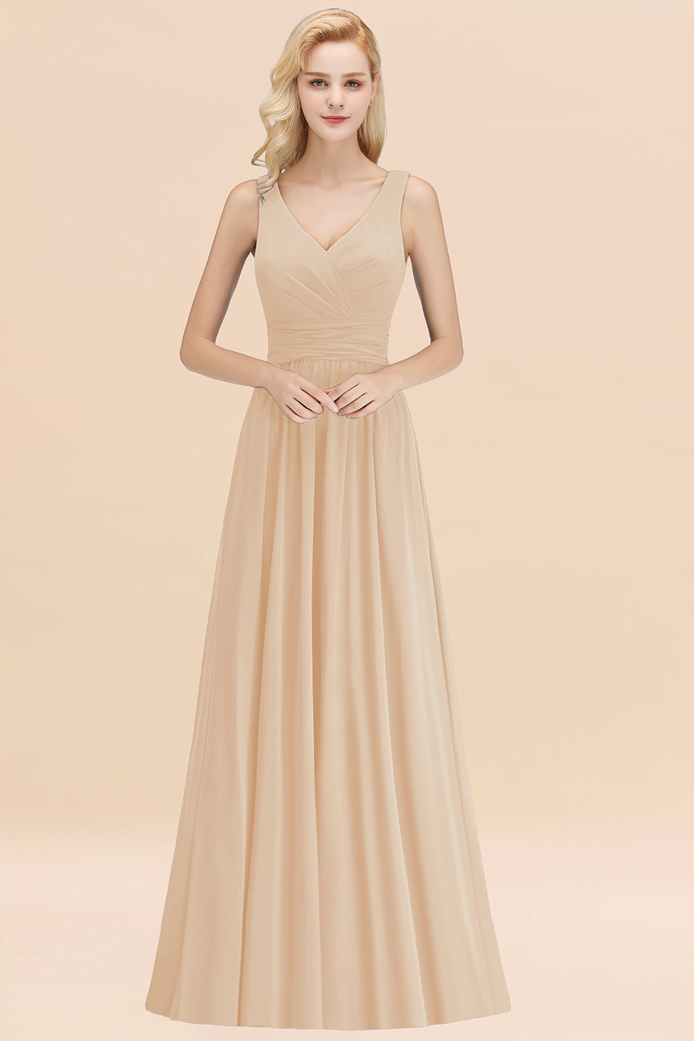 Modest Sleeveless V-Neck Long Chiffon Bridesmaid Dresses with Ruffle