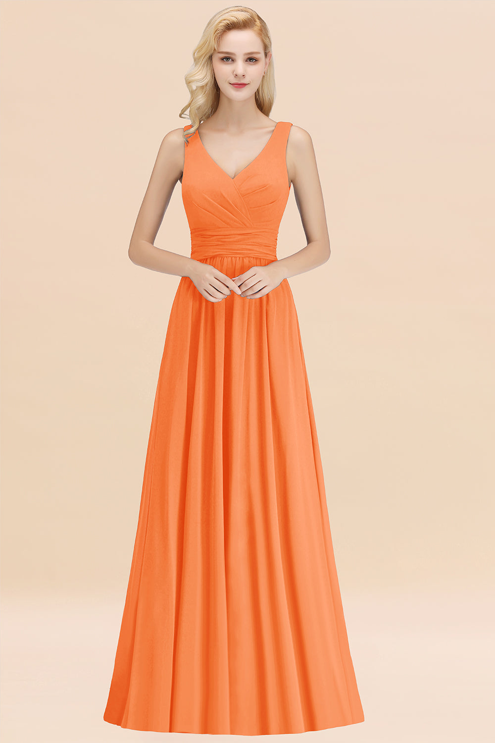 Modest Sleeveless V-Neck Long Chiffon Bridesmaid Dresses with Ruffle