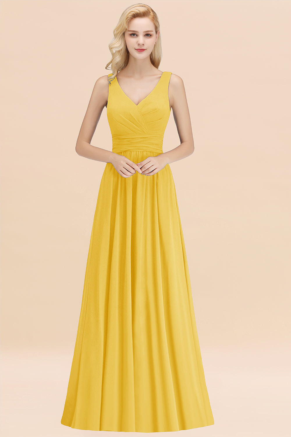 Modest Sleeveless V-Neck Long Chiffon Bridesmaid Dresses with Ruffle