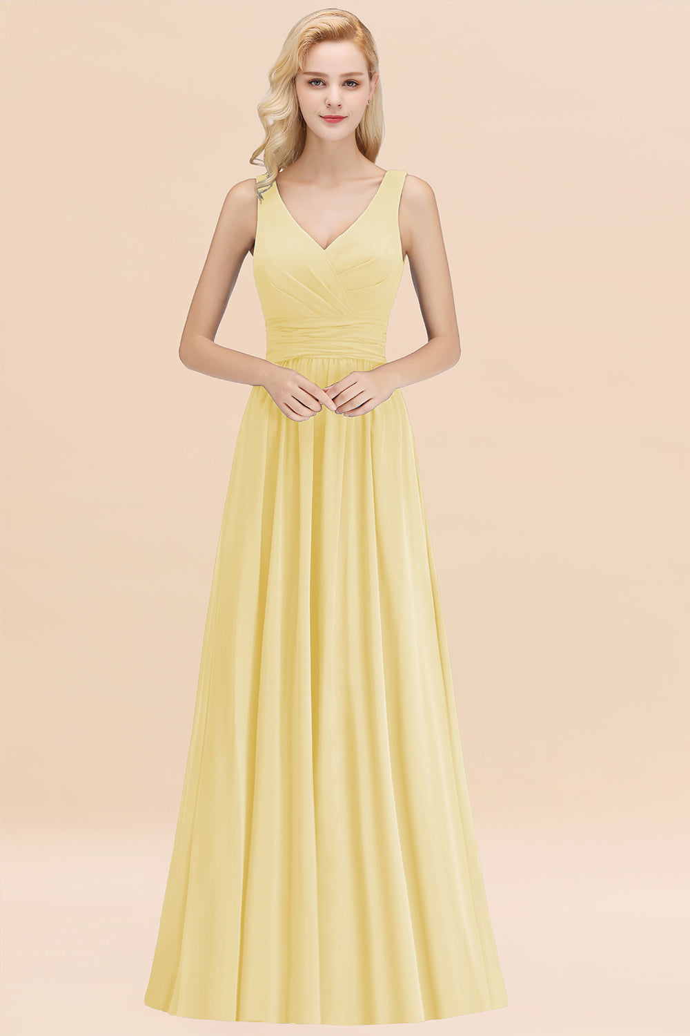 Modest Sleeveless V-Neck Long Chiffon Bridesmaid Dresses with Ruffle