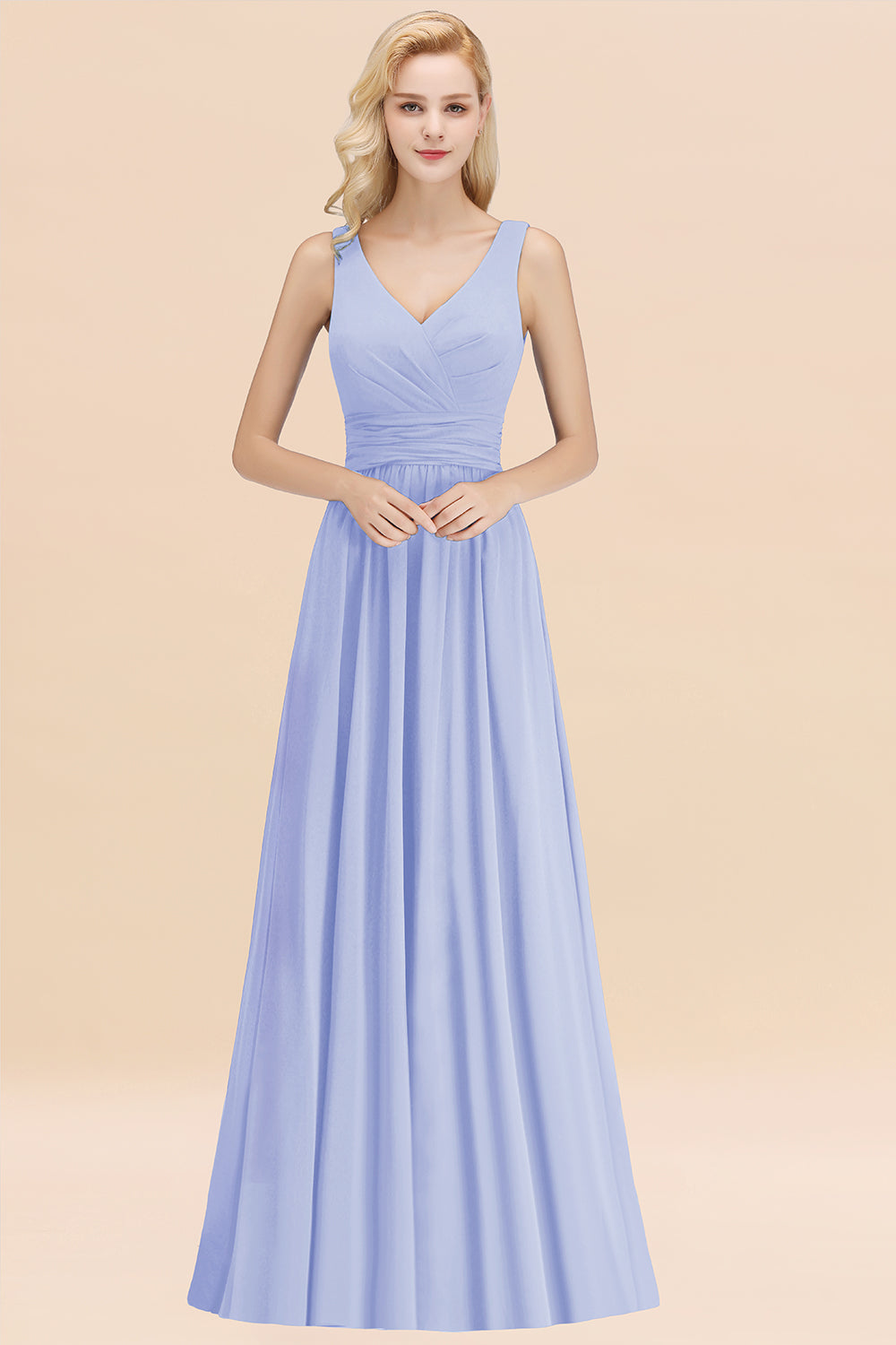 Modest Sleeveless V-Neck Long Chiffon Bridesmaid Dresses with Ruffle