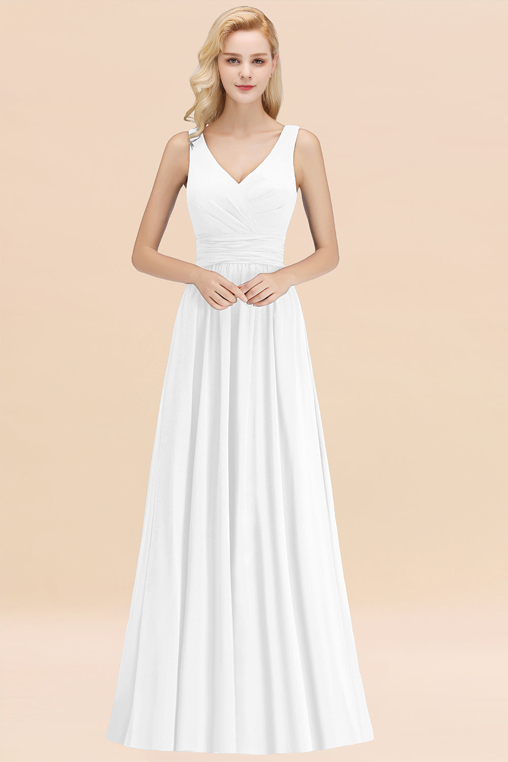 Modest Sleeveless V-Neck Long Chiffon Bridesmaid Dresses with Ruffle