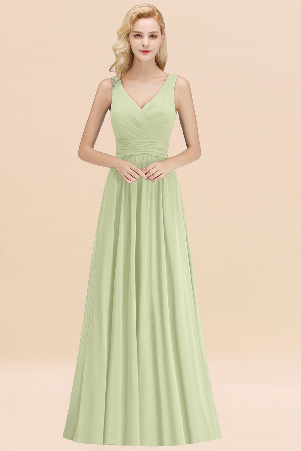 Modest Sleeveless V-Neck Long Chiffon Bridesmaid Dresses with Ruffle