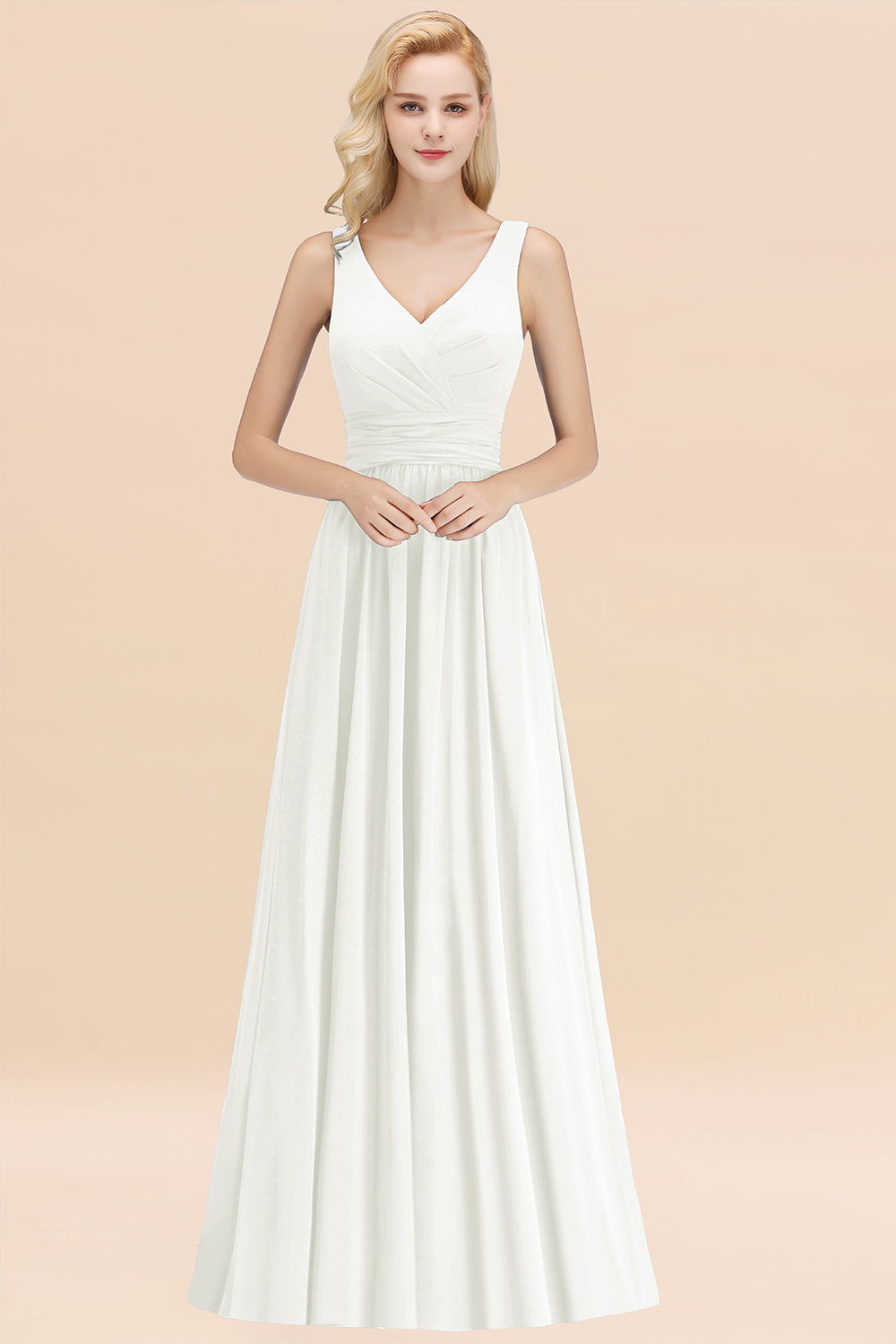 Modest Sleeveless V-Neck Long Chiffon Bridesmaid Dresses with Ruffle