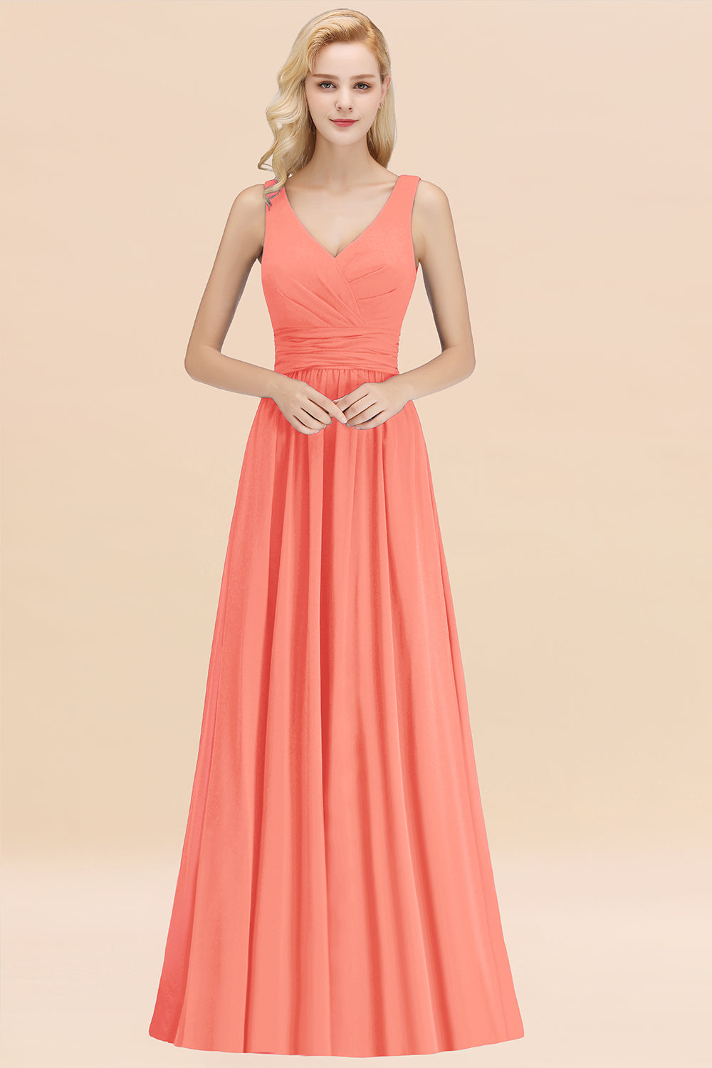 Modest Sleeveless V-Neck Long Chiffon Bridesmaid Dresses with Ruffle