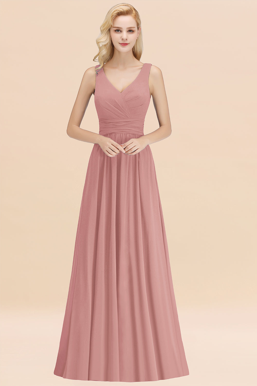 Modest Sleeveless V-Neck Long Chiffon Bridesmaid Dresses with Ruffle