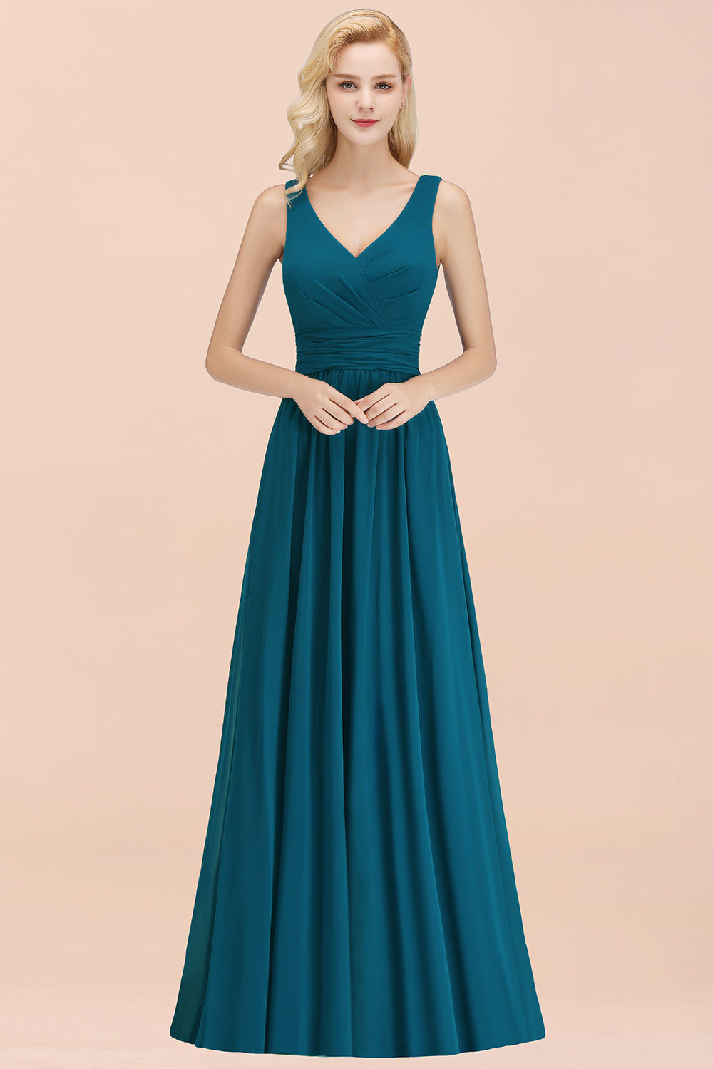 Modest Sleeveless V-Neck Long Chiffon Bridesmaid Dresses with Ruffle