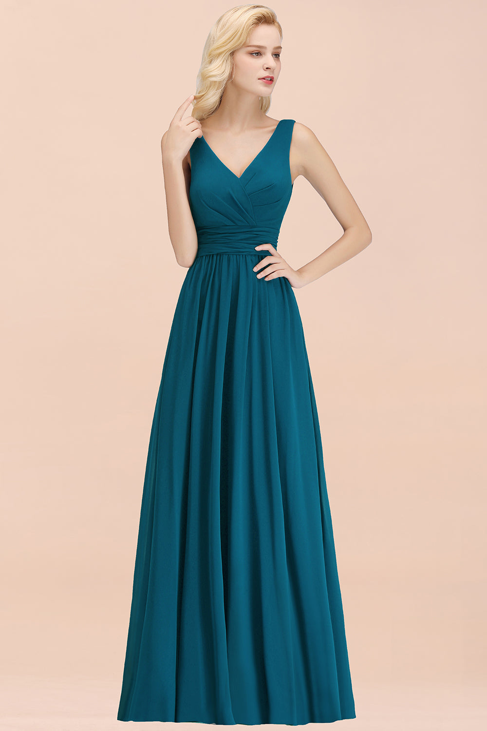 Modest Sleeveless V-Neck Long Chiffon Bridesmaid Dresses with Ruffle