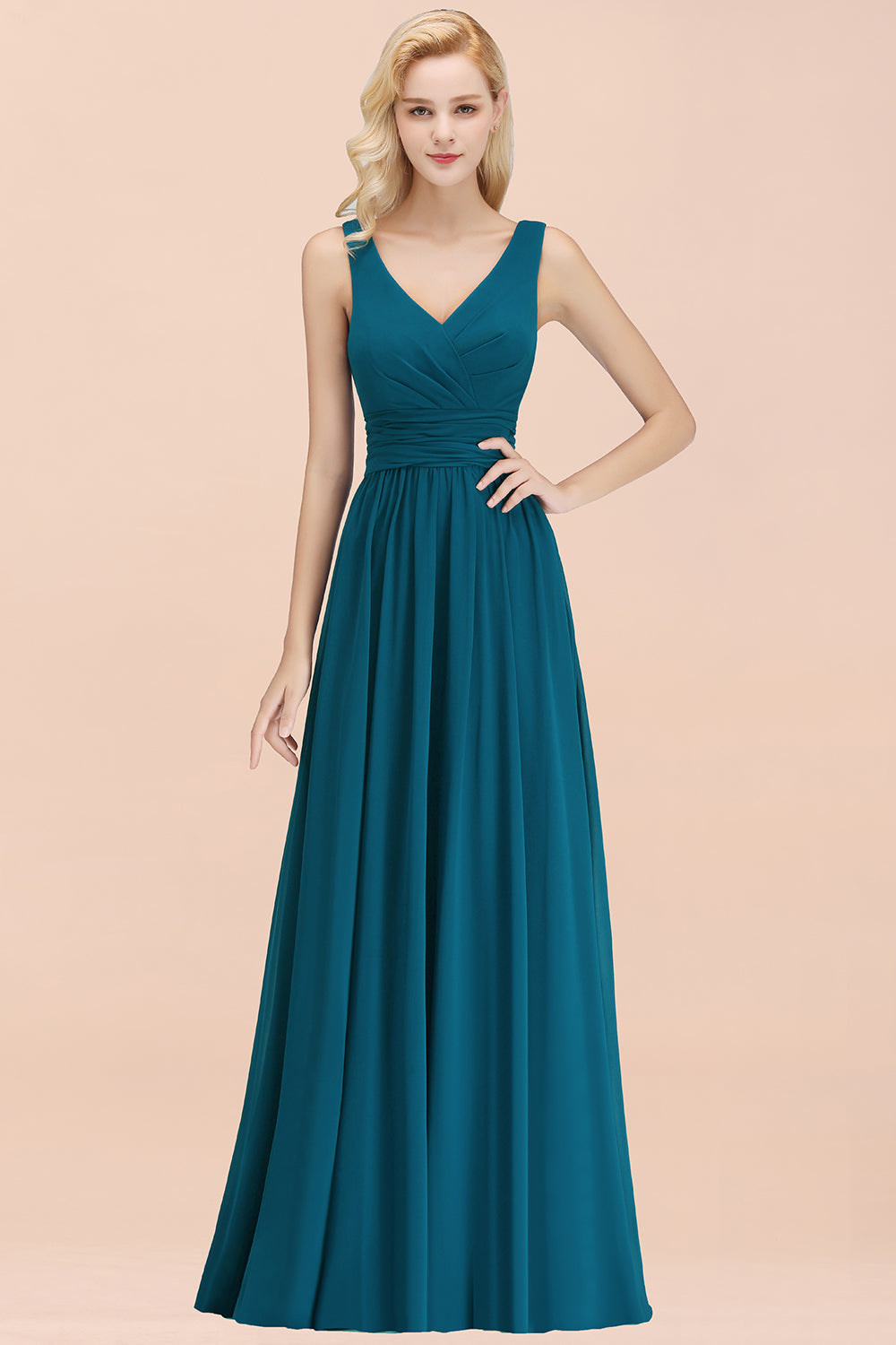 Modest Sleeveless V-Neck Long Chiffon Bridesmaid Dresses with Ruffle