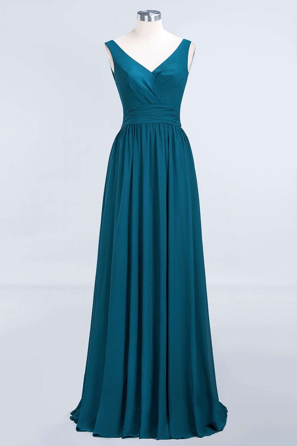 Modest Sleeveless V-Neck Long Chiffon Bridesmaid Dresses with Ruffle