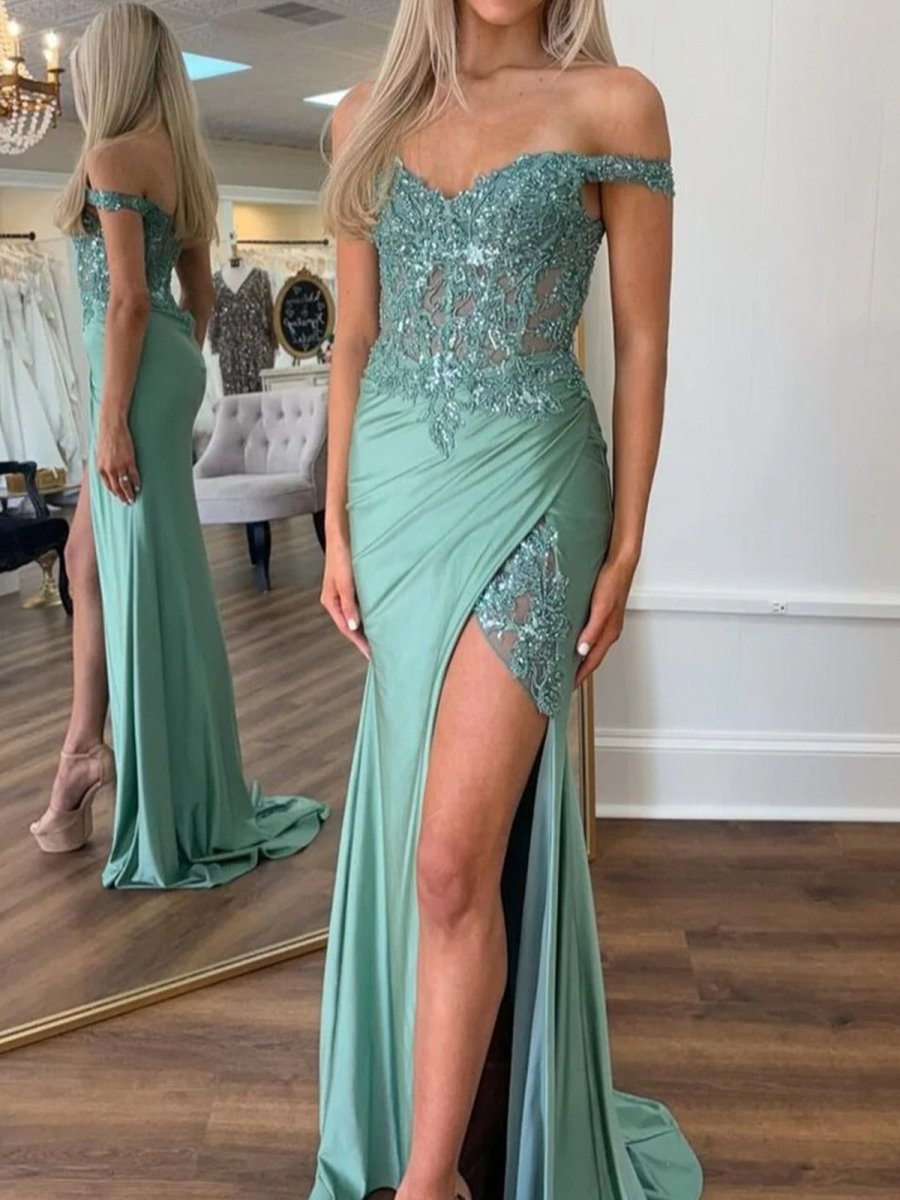 Green Off The Shoulder Appliqued Mermaid Prom Dress With Split