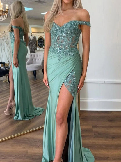 Green Off The Shoulder Appliqued Mermaid Prom Dress With Split
