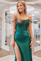 Moonlit | Emerald Satin Off-the-Shoulder Mermaid Long Formal Dress with Slit