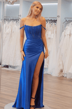 Moonlit | Emerald Satin Off-the-Shoulder Mermaid Long Formal Dress with Slit