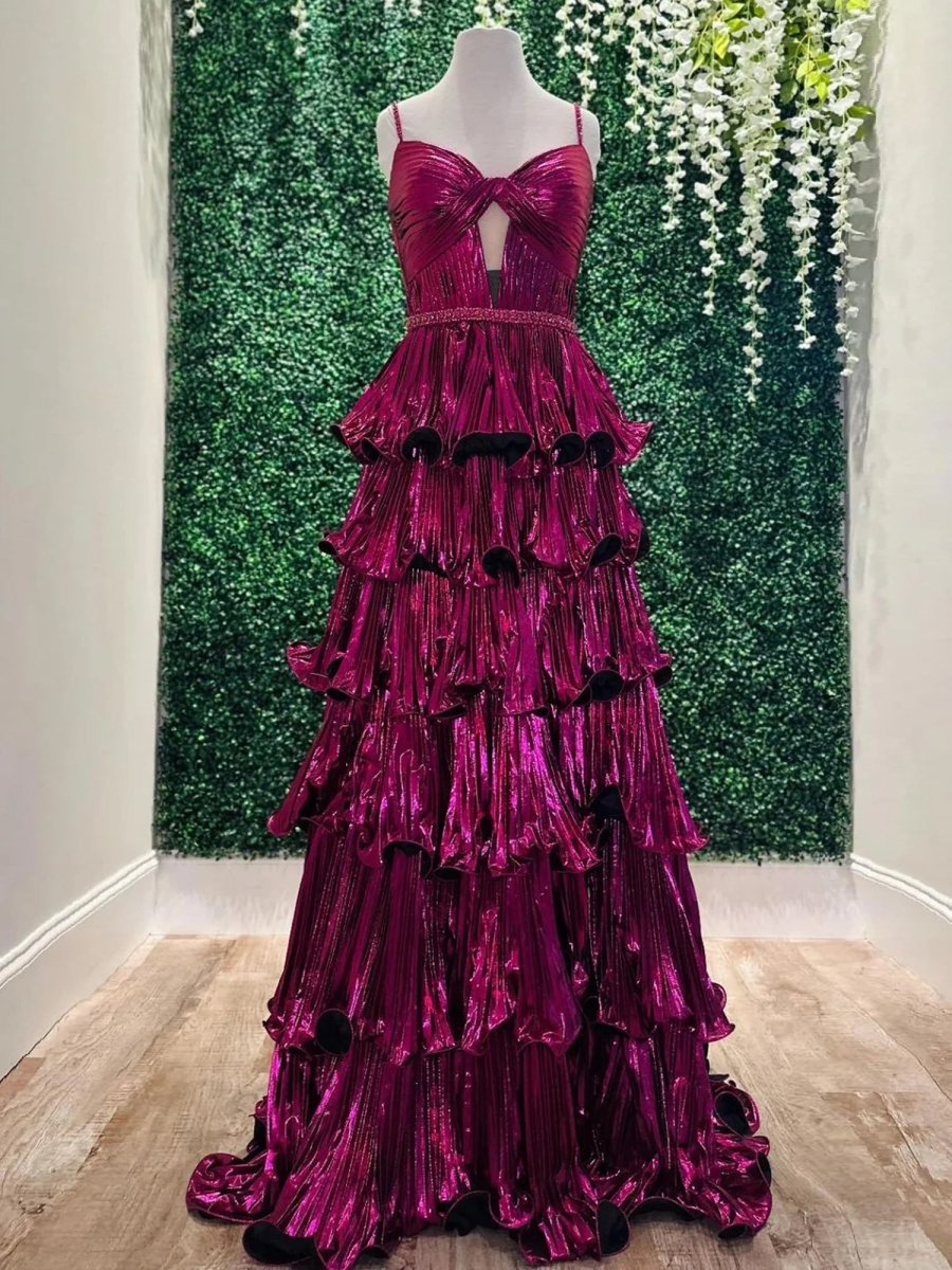 Murray | Sweetheart Spaghetti Straps Tiered A-Line Metallic Prom Dress