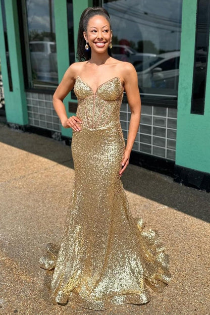 Gold Strapless Mermaid Sequins Long Prom Dress