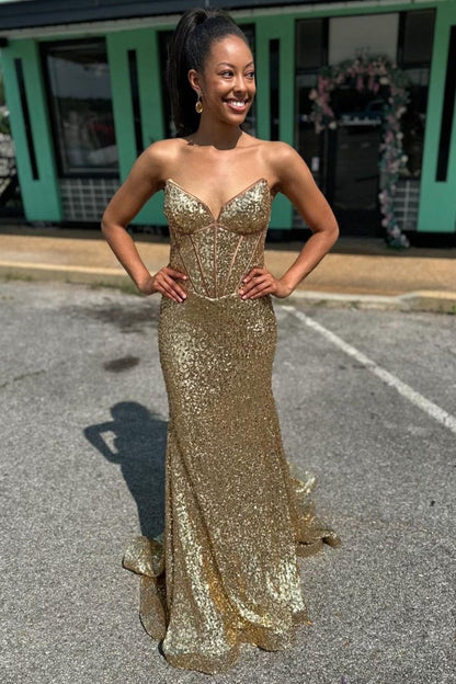 Gold Strapless Mermaid Sequins Long Prom Dress