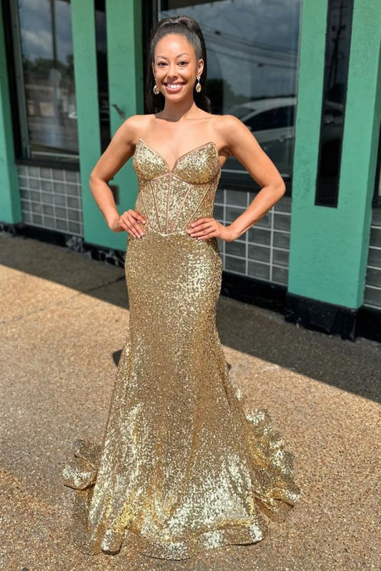 Gold Strapless Mermaid Sequins Long Prom Dress