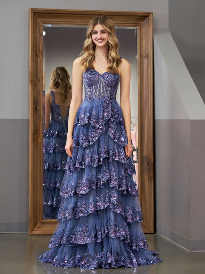 Grey Blue Princess A Line Off the Shoulder Corset Prom Dress with Lace Ruffles