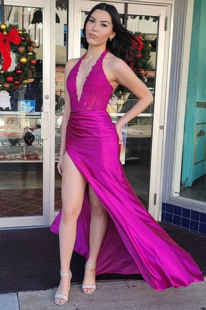 Fuchsia Lace Applique Satin High Slit Mermaid Prom Dress