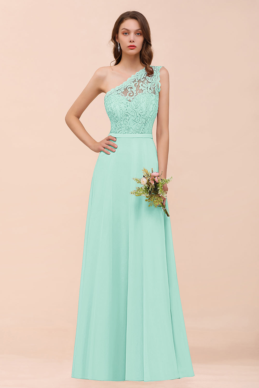 New Arrival Dusty Rose One Shoulder Lace Long Bridesmaid Dresses