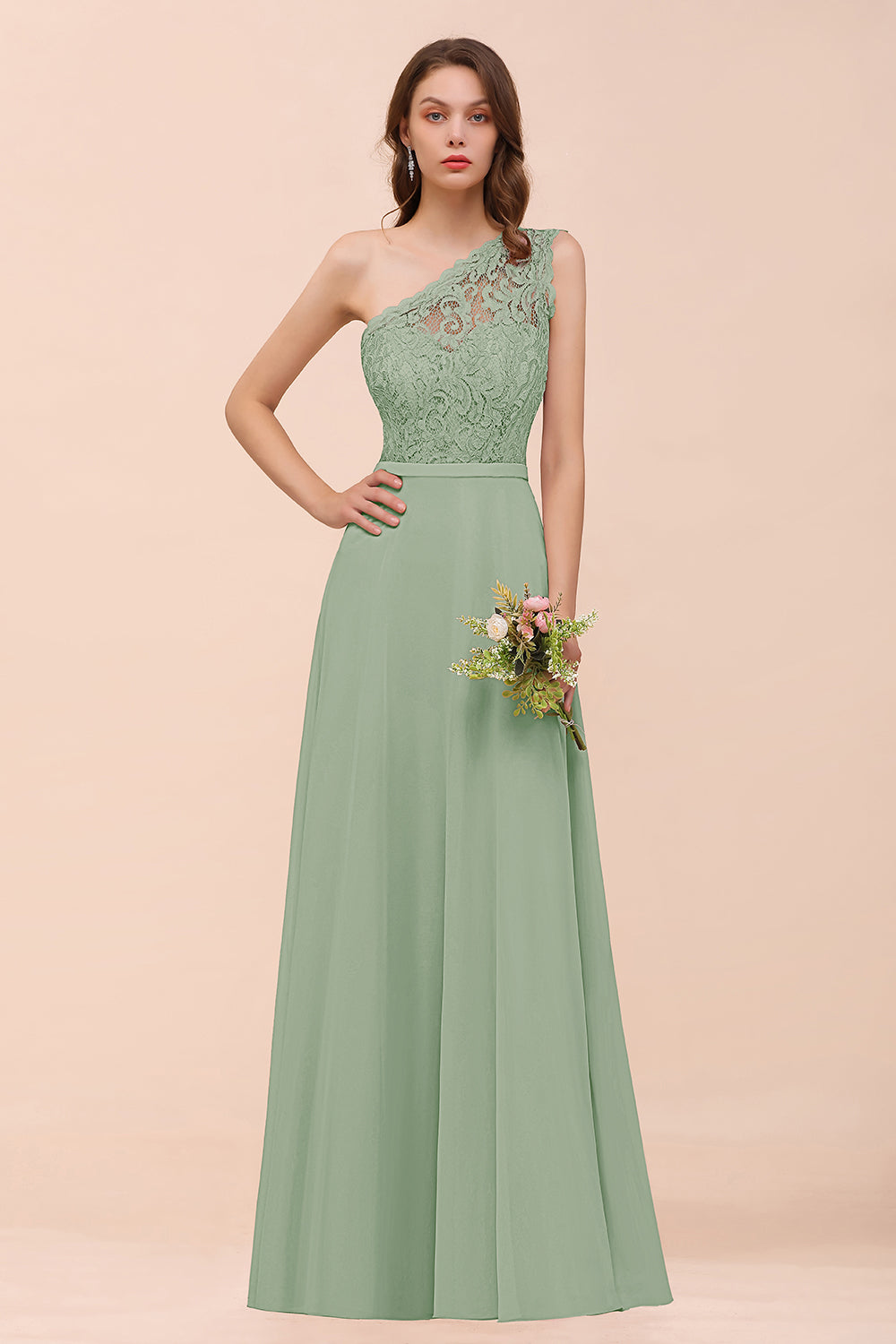 New Arrival Dusty Rose One Shoulder Lace Long Bridesmaid Dresses