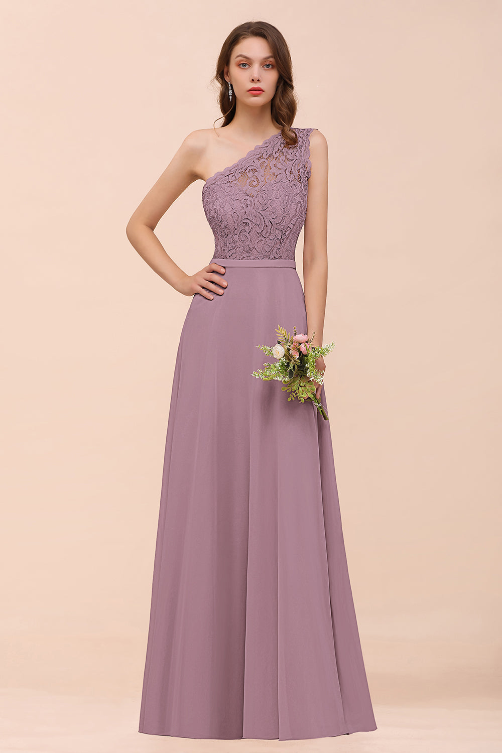 New Arrival Dusty Rose One Shoulder Lace Long Bridesmaid Dresses