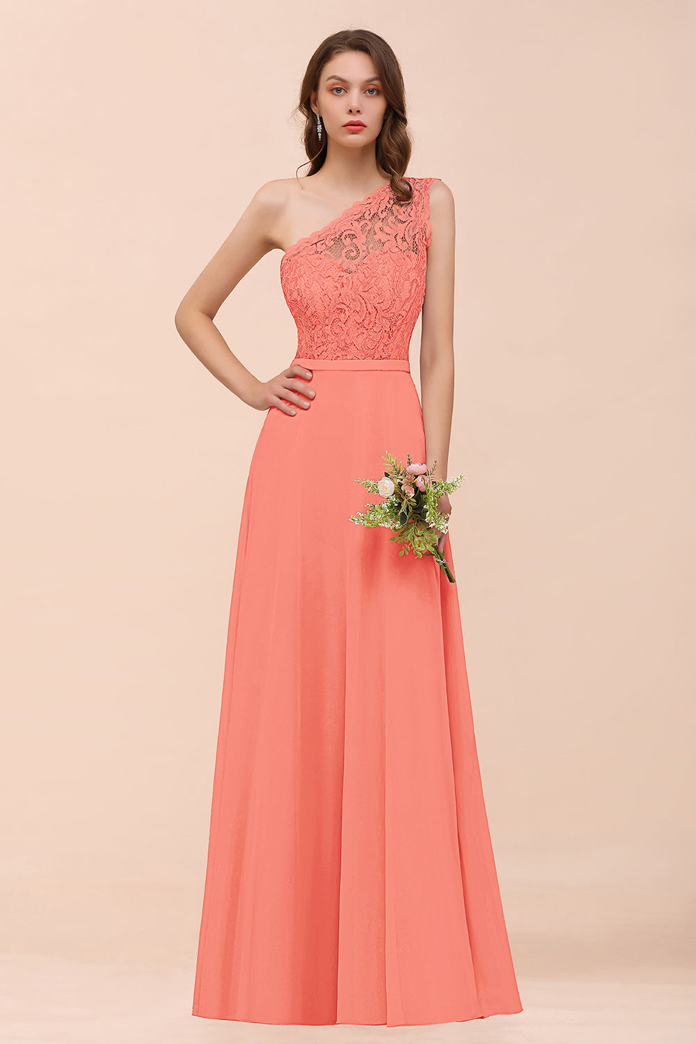 New Arrival Dusty Rose One Shoulder Lace Long Bridesmaid Dresses