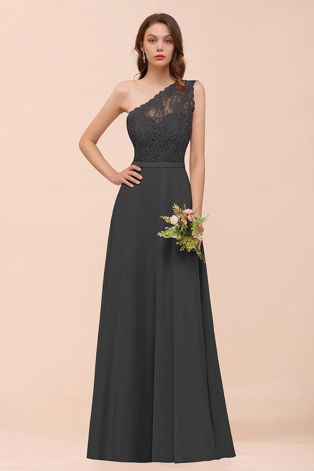 New Arrival Dusty Rose One Shoulder Lace Long Bridesmaid Dresses