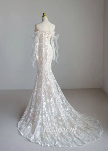 Sevoba|Lace Mermaid Covered-Button Long Sleeve Train Wedding Dress