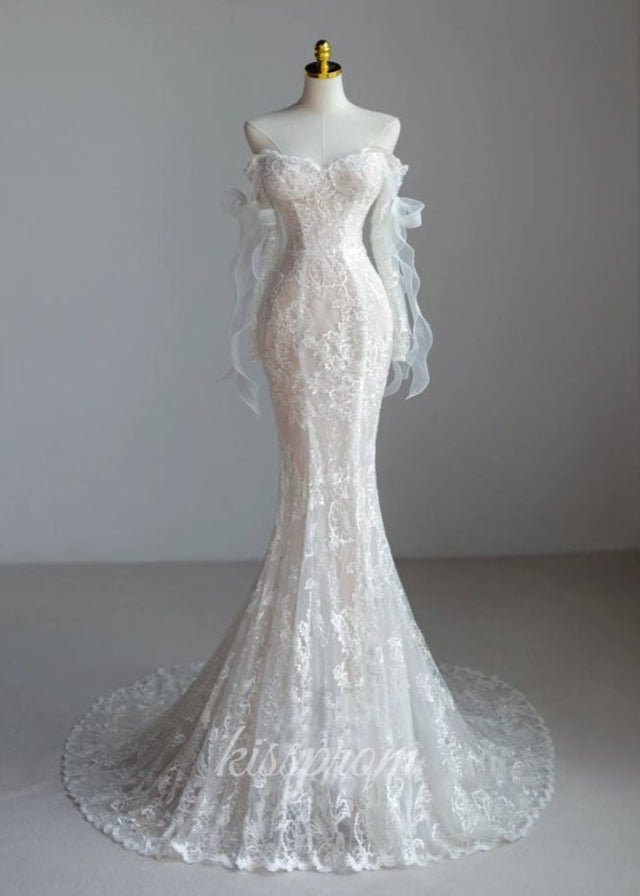 Sevoba|Lace Mermaid Covered-Button Long Sleeve Train Wedding Dress