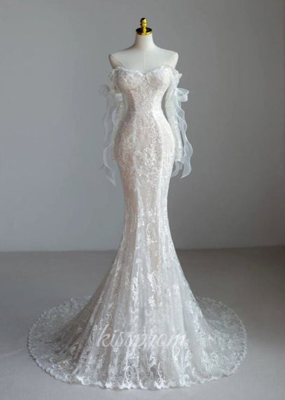 Sevoba|Lace Mermaid Covered-Button Long Sleeve Train Wedding Dress
