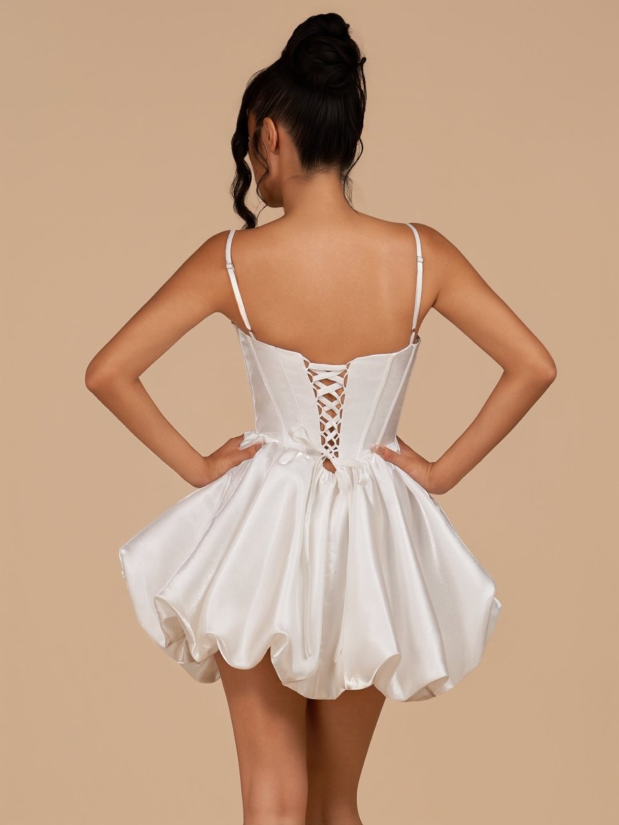 Sevoba|White - A Line Bubble hem Satin Corset Sweetheart Homecoming Dresses