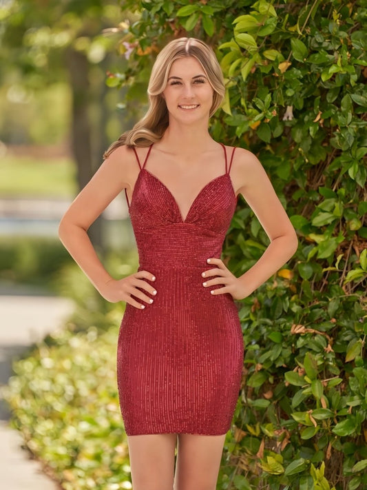 Sevoba|Bodycon V Neck Burgundy Sequins Short Homecoming Dress