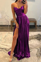 Oakley | Green Metallic Strapless Pleated A-Line Long Prom Dresses