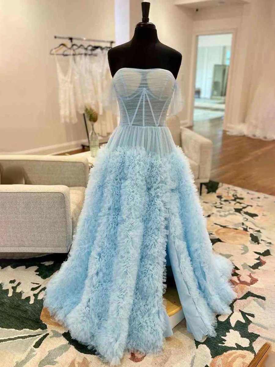 Gorgeous A Line Off the Shoulder Long Tulle Prom Dress with Slit