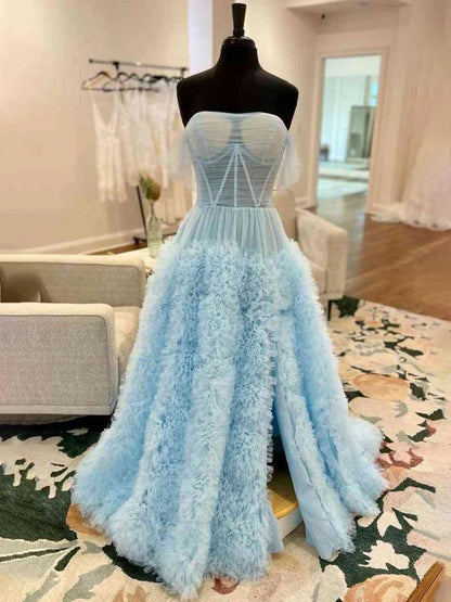 Gorgeous A Line Off the Shoulder Long Tulle Prom Dress with Slit