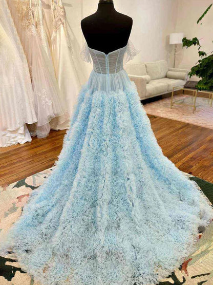 Gorgeous A Line Off the Shoulder Long Tulle Prom Dress with Slit