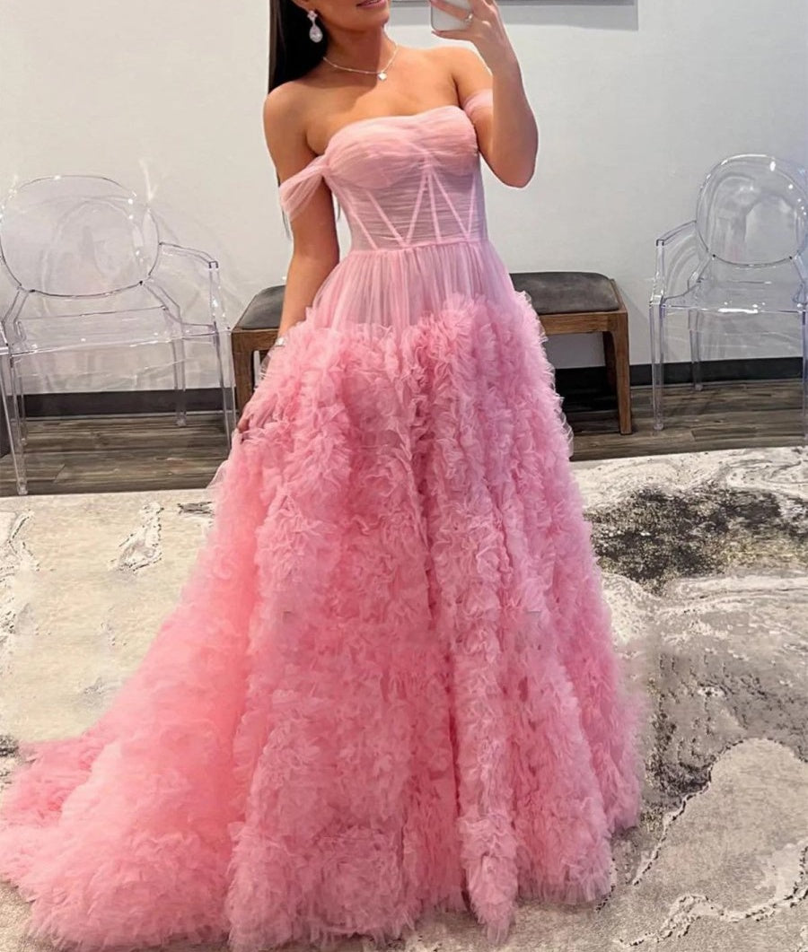 Gorgeous A Line Off the Shoulder Long Tulle Prom Dress with Slit