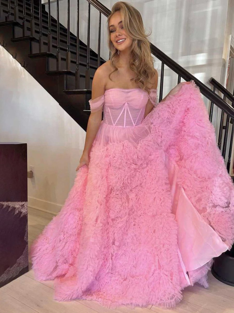 Gorgeous A Line Off the Shoulder Long Tulle Prom Dress with Slit
