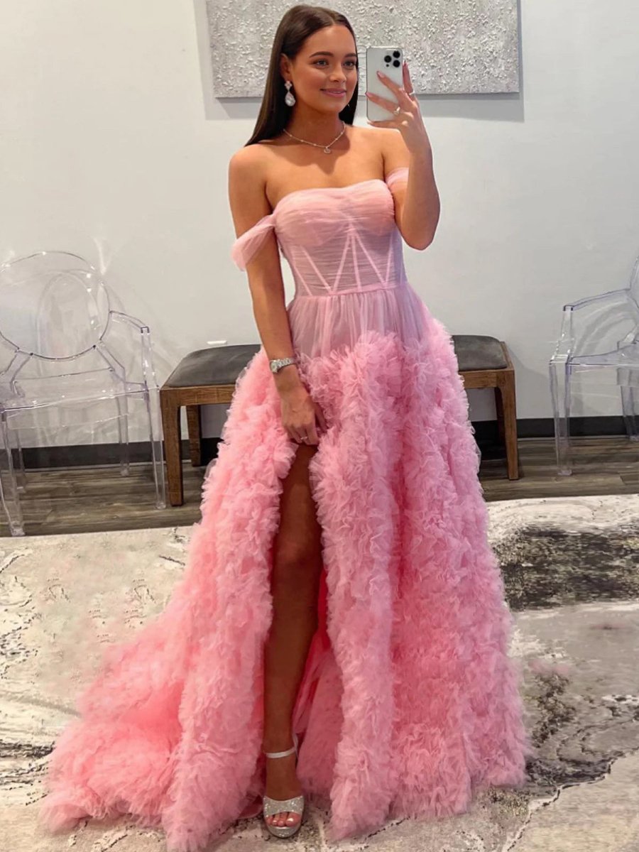 Gorgeous A Line Off the Shoulder Long Tulle Prom Dress with Slit