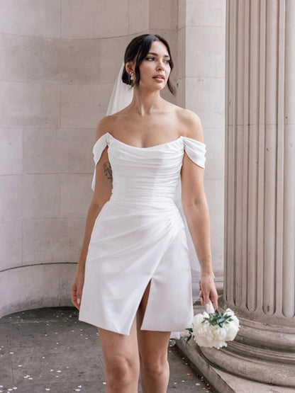 Sevoba|Casual Off-the-Shoulder Short Satin Cowl Neck Simple Formal Wedding Dress With Slit