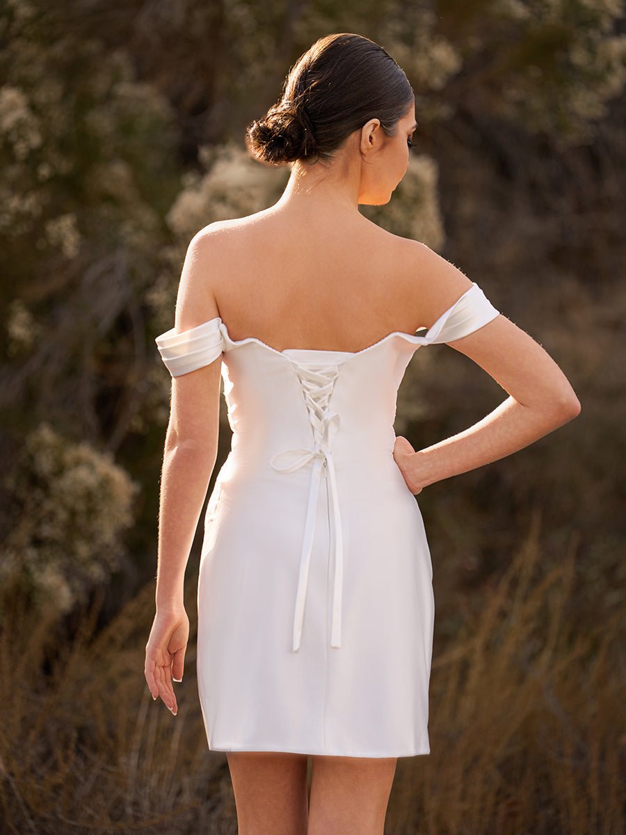 Sevoba|Casual Off-the-Shoulder Short Satin Cowl Neck Simple Formal Wedding Dress With Slit