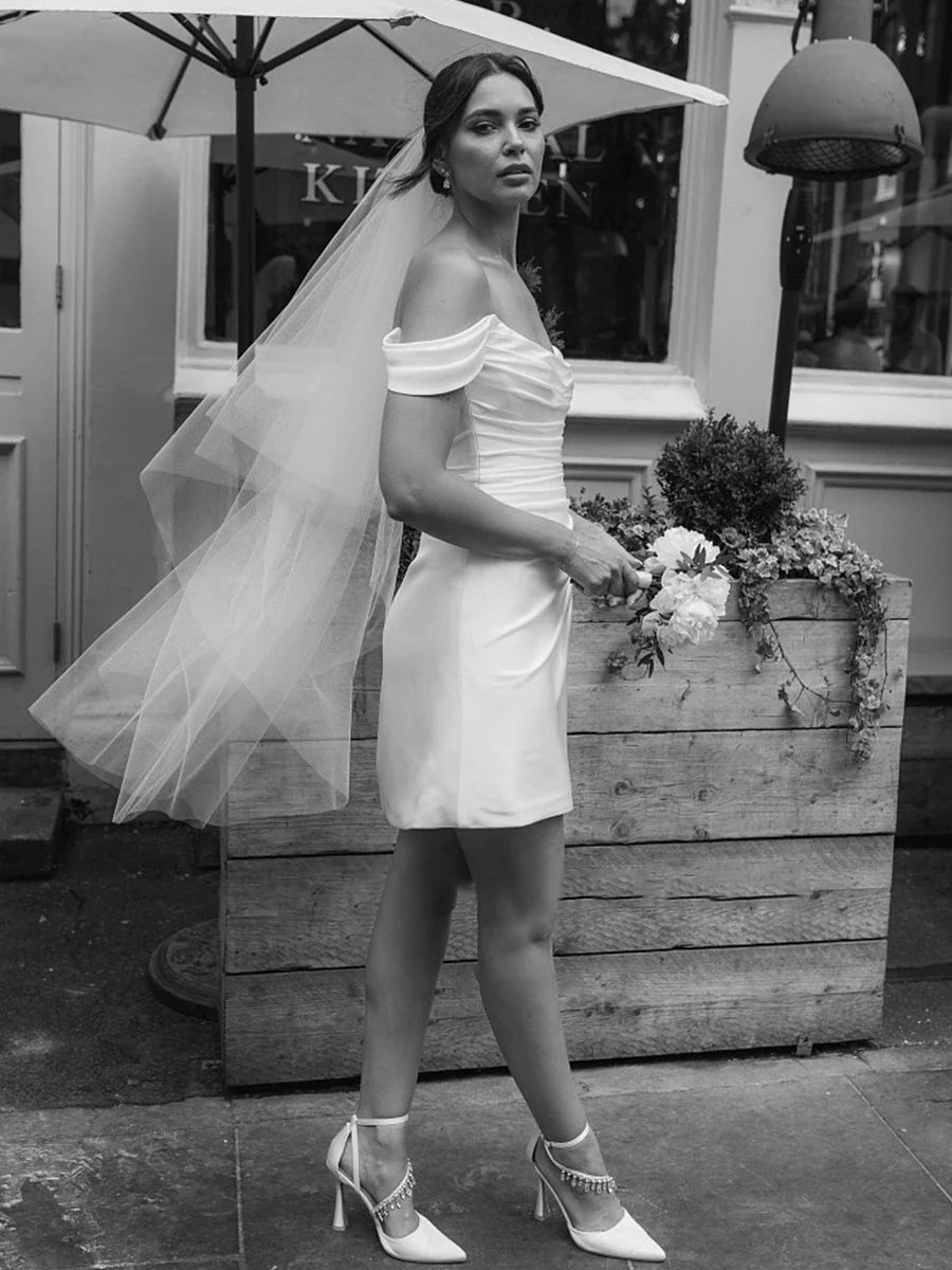 Sevoba|Casual Off-the-Shoulder Short Satin Cowl Neck Simple Formal Wedding Dress With Slit