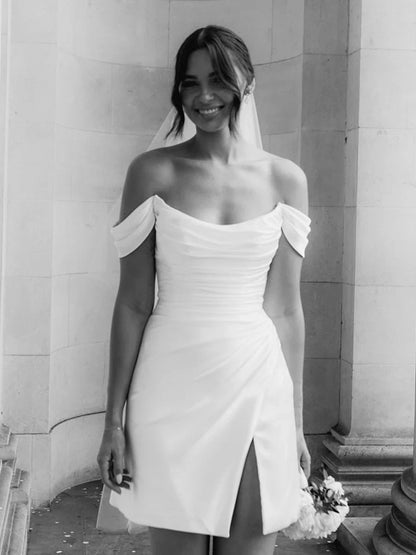 Sevoba|Casual Off-the-Shoulder Short Satin Cowl Neck Simple Formal Wedding Dress With Slit