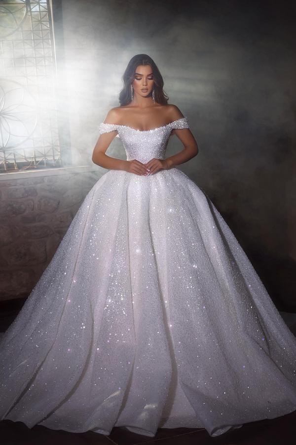 Off-the-Shoulder Ball Gown Wedding Dress Sequins