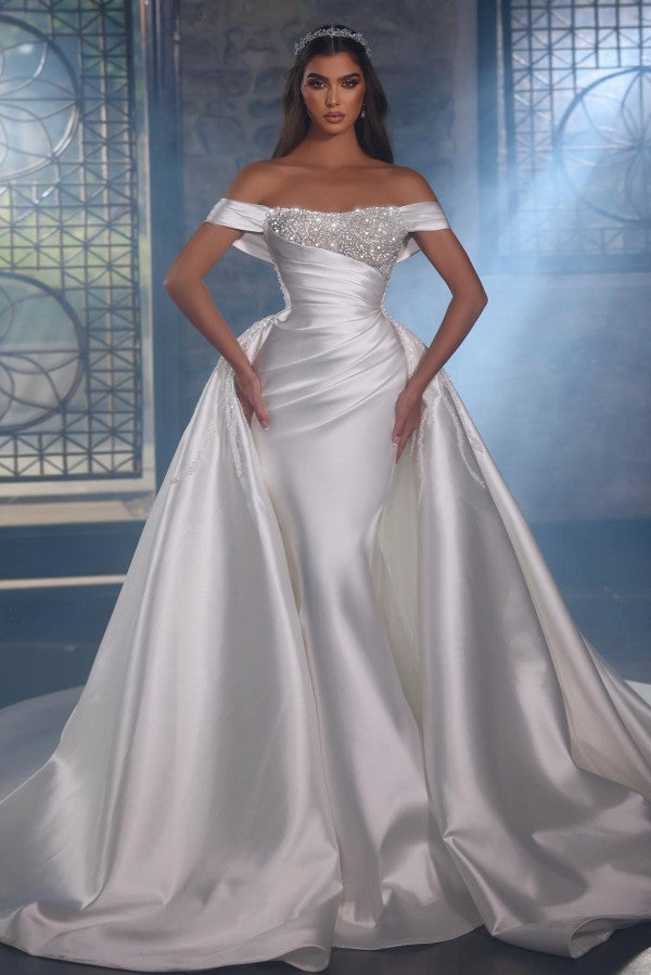 Off-the-Shoulder Overskirt Wedding Dress Long With Beads