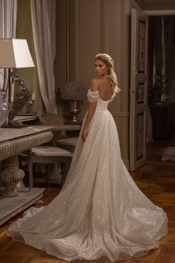 Off-the-Shoulder Sequins Wedding Dresses Long With Pleats